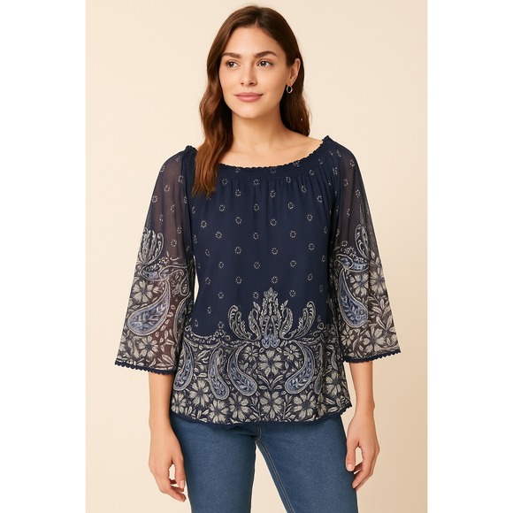 Democracy Tops - Democracy Womens Size 1X Navy Blue Floral Paisley Peasant Bell Sleeve Blouse Top
